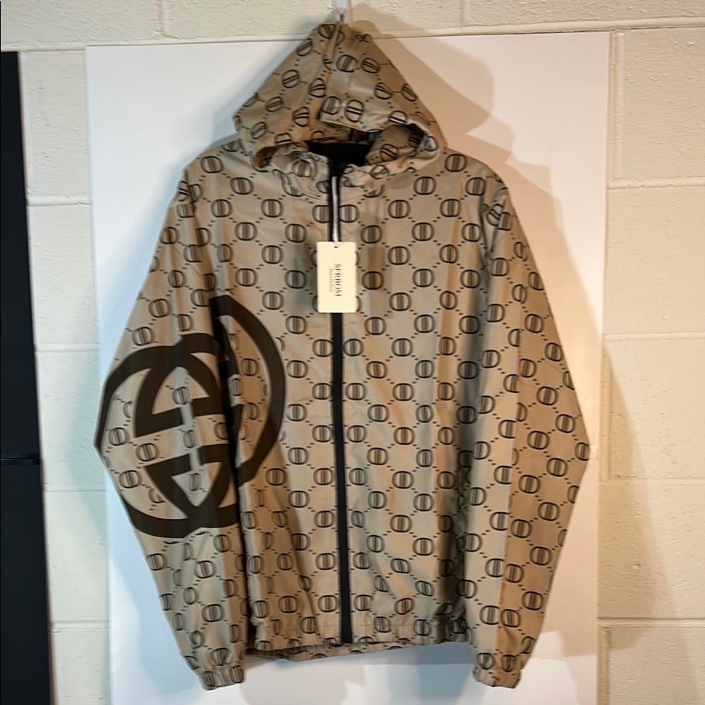 COPY - Tan and Black Windbreaker with Hood and Logo